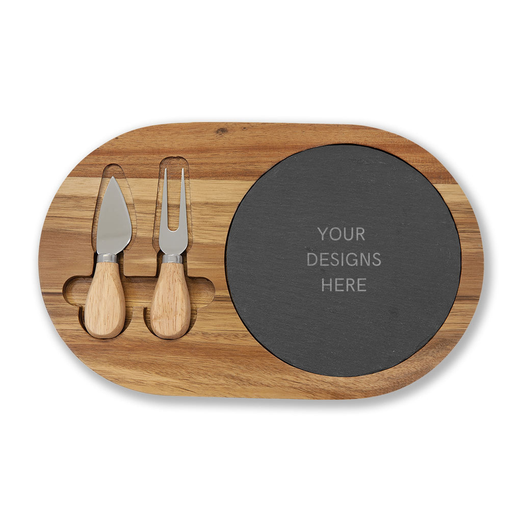 Engraved Acacia Charcuterie Board with Slate Insert & Cheese Tools
