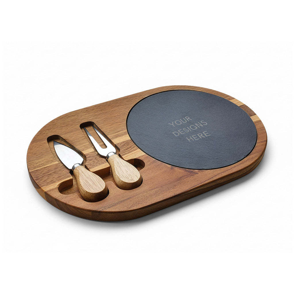 Engraved Acacia Charcuterie Board with Slate Insert & Cheese Tools