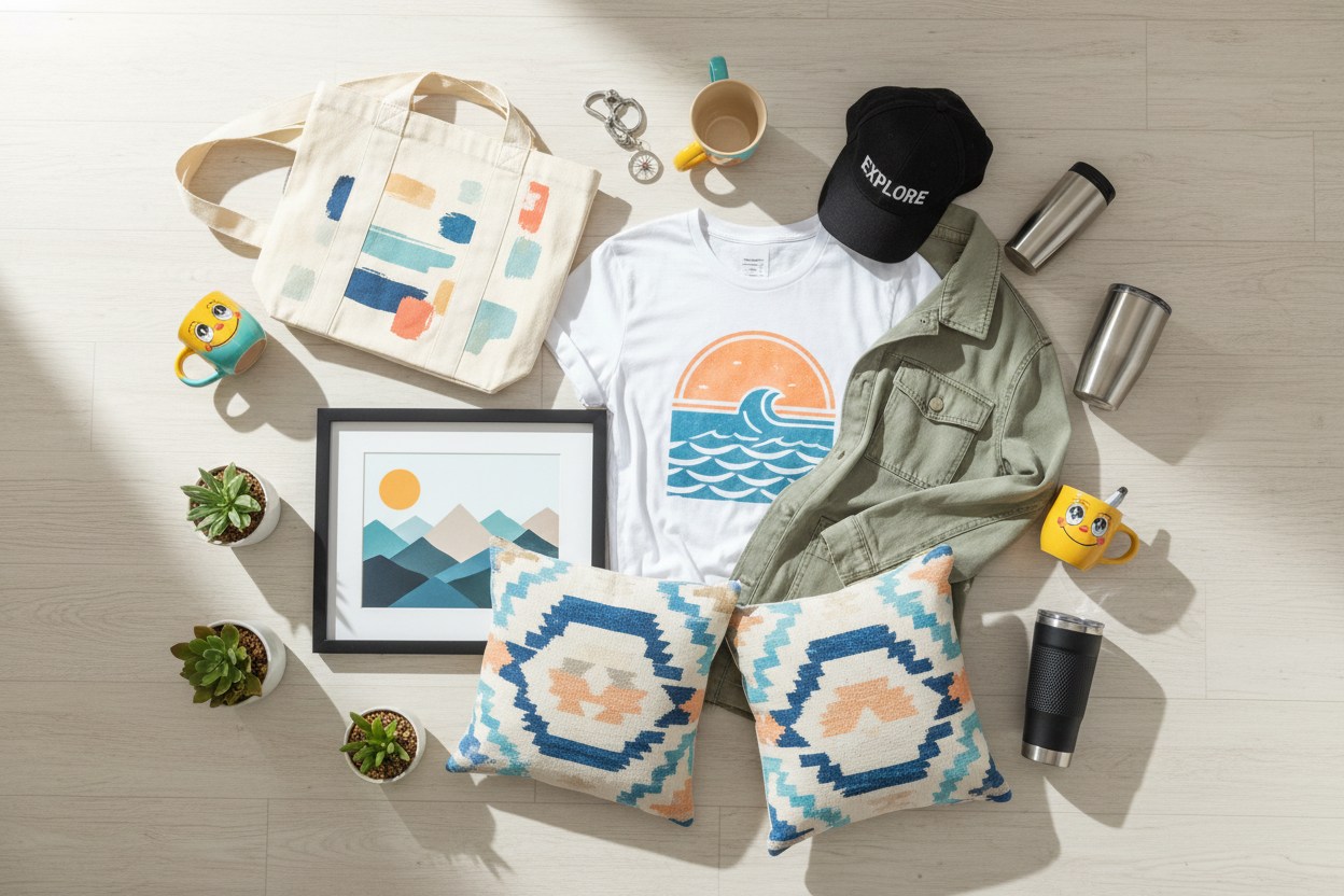 Clothing, accessories, home and living products and mugs and thermal cups